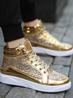 Baskets montantes dorées à paillettes bout rond style skate pour hommes