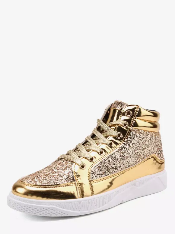 Baskets montantes dorées à paillettes bout rond style skate pour hommes