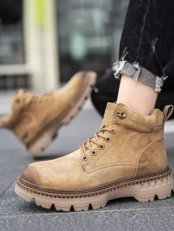 Baskets pour hommes en cuir confortable à bout rond