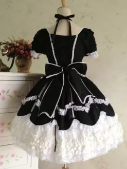 Belle robe à bretelles lolita en 100% coton color-block avec noeud Robe A Bretelles Sans Manches Déguisements Halloween