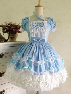 Belle robe à bretelles lolita en 100% coton color-block avec noeud Robe A Bretelles Sans Manches Déguisements Halloween