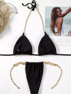 Bikini Maillot de Bain Femme Taille Haute avec Bretelles en Métales Coupe Cintrée à Lacets Croisés Bicolores Bikini Sexy Push Up