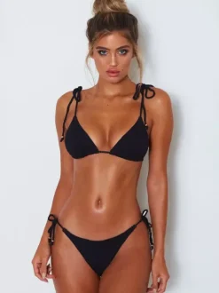 Bikini Maillot de Bain Taille Haute Femme avec Bretelles à Col Décolleté en V à Lacets Unicolore Bikini Sexy Push Up
