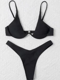 Bikini Maillot Femme Taille Haute avec Bretelles Imprimés à Col Décolleté en V Unicolore