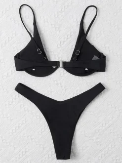 Bikini Maillot Femme Taille Haute avec Bretelles Imprimés à Col Décolleté en V Unicolore