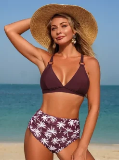 Bikini taille haute imprimé palmiers pour femme - Haut à col en V et bas froncé maillot de bain 2 pièces - Collection été 2026
