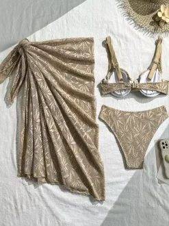 Bikini 3 pièces en dentelle crochetée à motif de feuilles avec jupe paréo