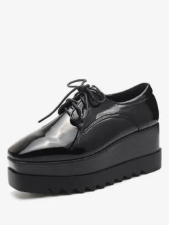 Black Oxfords Wedge Heel Platform Lace Up Chaussures Femmes Square Toe Sneakers