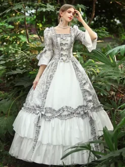 Blanc Rétro Costumes Femmes Volants Polyester Robe Marie Antoinette Costume Royal Party Robe De Bal