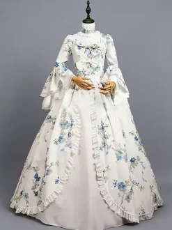 Blanc rétro  Robe Victorienne arcs Polyester imprimé fleuri Robe Marie Antoinette Costume robe tunique rétro femme mascarade robe de bal