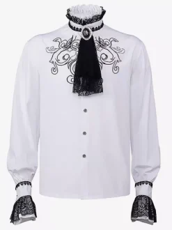 Blanc Vintage Haut Rétro Dentelle Volants Imprimé Fleuri Manches Longues Chemise Rétro Costumes Pour Homme
