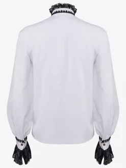 Blanc Vintage Haut Rétro Dentelle Volants Imprimé Fleuri Manches Longues Chemise Rétro Costumes Pour Homme