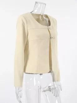 Blazer court jaune beurre pour femme - Veste élégante à boucle sur le devant et col rond - Coupe ajustée - Tenues pour un rendez-vous galant 2026