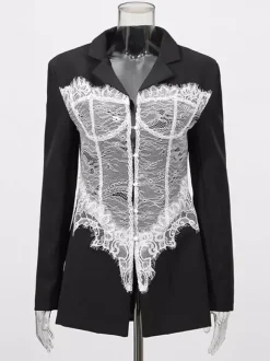 Blazer en dentelle corset sexy pour femme - Veste bustier cintrée contrastée noire et blanche - Idéale pour une soirée printanière 2026
