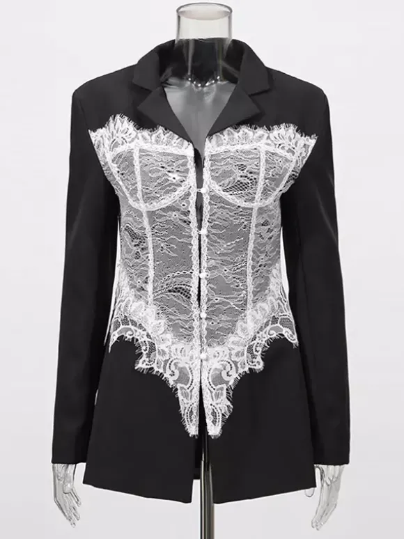 Blazer en dentelle corset sexy pour femme - Veste bustier cintrée contrastée noire et blanche - Idéale pour une soirée printanière 2026
