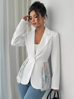 Blazer femme patchwork en dentelle - Coupe slim sexy avec ourlet transparent - Vêtements d'extérieur pour les soirées printanières 2026
