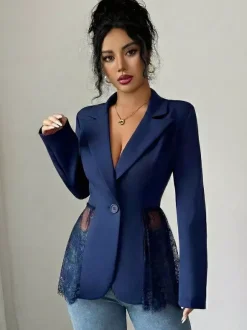 Blazer femme patchwork en dentelle - Coupe slim sexy avec ourlet transparent - Vêtements d'extérieur pour les soirées printanières 2026