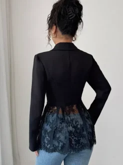Blazer femme patchwork en dentelle - Coupe slim sexy avec ourlet transparent - Vêtements d'extérieur pour les soirées printanières 2026