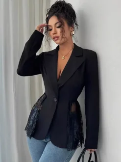 Blazer femme patchwork en dentelle - Coupe slim sexy avec ourlet transparent - Vêtements d'extérieur pour les soirées printanières 2026