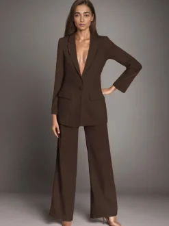 Blazer uni à revers cranté et boutonné ensemble 2 pièces décontracté