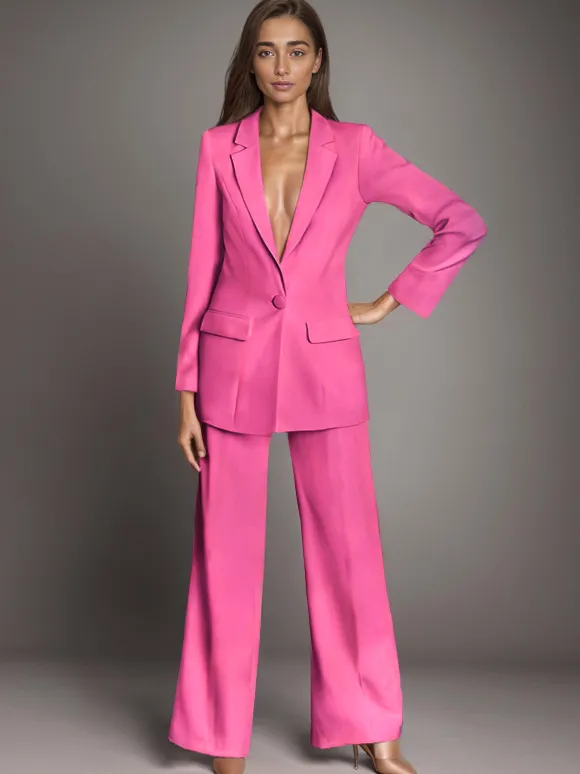 Blazer uni à revers cranté et boutonné ensemble 2 pièces décontracté