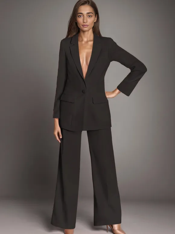 Blazer uni à revers cranté et boutonné ensemble 2 pièces décontracté