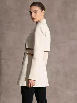 Blazer découpé pour femme - Veste longue beige élégante à un bouton coupe ajustée - Idéale pour le printemps 2026 du bureau au dîner