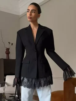 Blazer femme coupe sablier orné de dentelle - Veste de tailleur slim à manches évasées - Tenues chics streetwear et formelles 2026