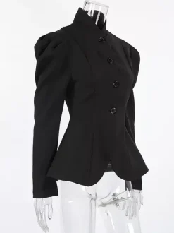 Blazer péplum vintage pour femme - Veste cintrée à manches bouffantes et col montant - Vêtement d'extérieur chic pour les fêtes de printemps 2026