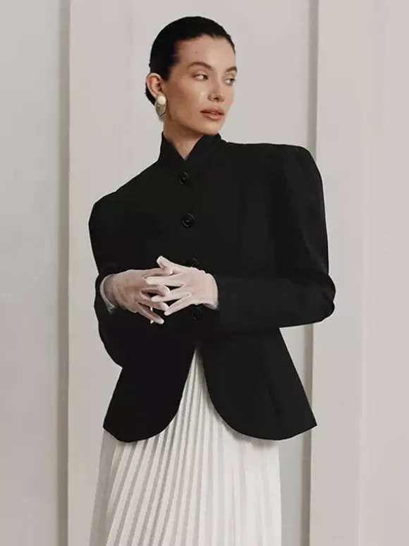 Blazer péplum vintage pour femme - Veste cintrée à manches bouffantes et col montant - Vêtement d'extérieur chic pour les fêtes de printemps 2026