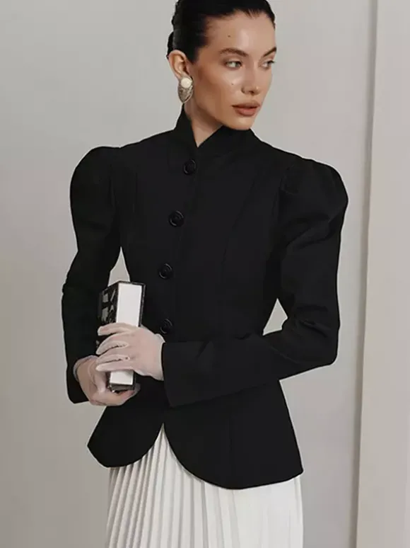 Blazer péplum vintage pour femme - Veste cintrée à manches bouffantes et col montant - Vêtement d'extérieur chic pour les fêtes de printemps 2026