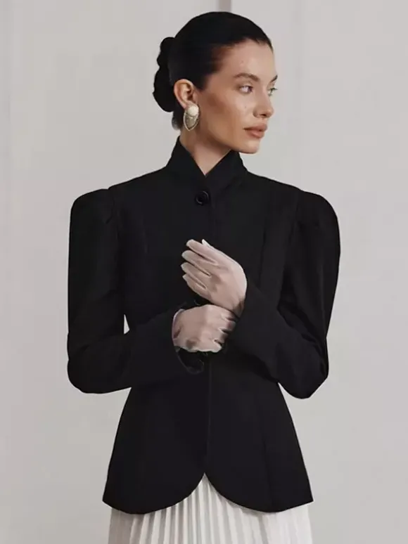 Blazer péplum vintage pour femme - Veste cintrée à manches bouffantes et col montant - Vêtement d'extérieur chic pour les fêtes de printemps 2026