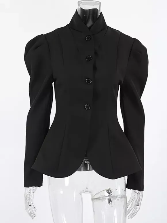 Blazer péplum vintage pour femme - Veste cintrée à manches bouffantes et col montant - Vêtement d'extérieur chic pour les fêtes de printemps 2026