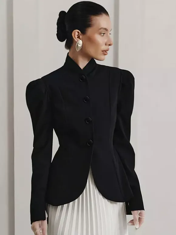 Blazer péplum vintage pour femme - Veste cintrée à manches bouffantes et col montant - Vêtement d'extérieur chic pour les fêtes de printemps 2026