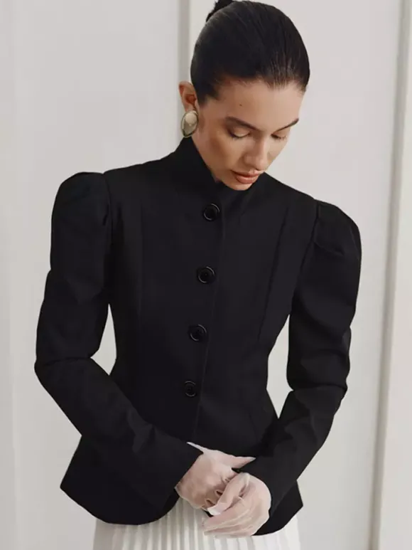 Blazer péplum vintage pour femme - Veste cintrée à manches bouffantes et col montant - Vêtement d'extérieur chic pour les fêtes de printemps 2026