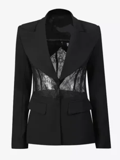 Blazer sexy en dentelle patchwork pour femme - Veste de tailleur noire gothique en maille transparente à taille cintrée - Soirée de printemps 2026
