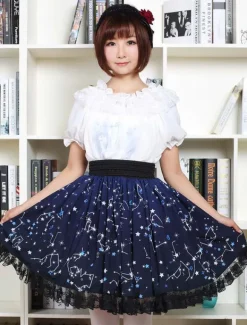Bleu Lolita Jupe Constellation doux imprimé jupe Lolita avec sa garniture de dentelle noire Déguisements Halloween