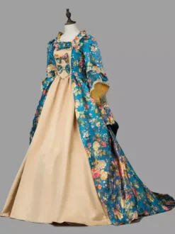 Bleu rétro Costumes femme Marie Antoinette Costume imprimé fleuri volants dentelle Polyester tunique robe rétro Vintage vêtements
