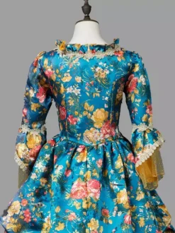 Bleu rétro Costumes femme Marie Antoinette Costume imprimé fleuri volants dentelle Polyester tunique robe rétro Vintage vêtements