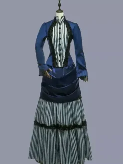 Bleu rétro Costumes femmes rayures volants Polyester tunique robe Marie Antoinette Costume rétro Vintage vêtements
