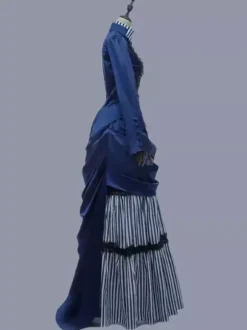 Bleu rétro Costumes femmes rayures volants Polyester tunique robe Marie Antoinette Costume rétro Vintage vêtements