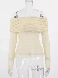 Blouse pour femme abricot plissée en dentelle froncée épaules dénudées élégante manches longues