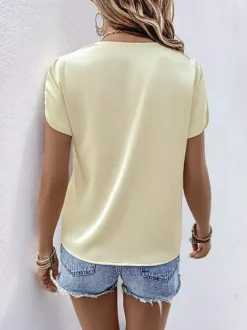 Blouse pour femme abricot col en V manches courtes style décontracté idéale pour l'été
