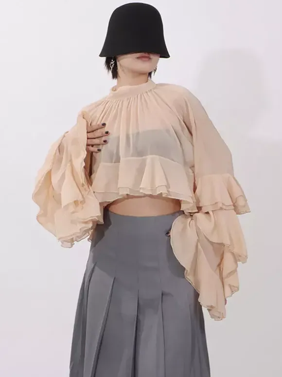 Blouse pour femme couleur saumon à volants plissée col montant manches longues chic