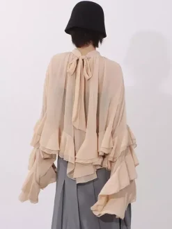 Blouse pour femme couleur saumon à volants plissée col montant manches longues chic