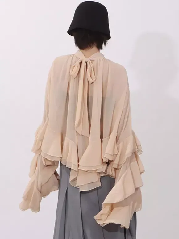 Blouse pour femme couleur saumon à volants plissée col montant manches longues chic