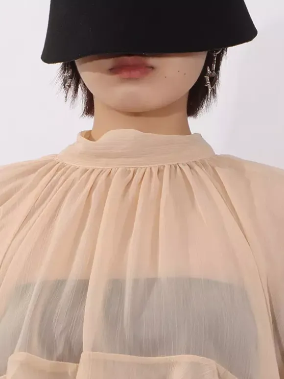 Blouse pour femme couleur saumon à volants plissée col montant manches longues chic