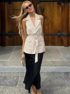 Blouse pour femme en coton et lin kaki dos nu laçage décontracté sans manches