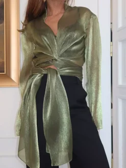 Blouse verte courte à col en V et manches longues élégantes pour femme