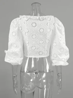 Blouse blanche à lacets pour femme col en V manches courtes en coton chic